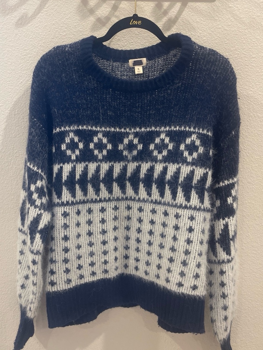 a.n.a Navy and White Fuzzy Patterned Crewneck Sweater